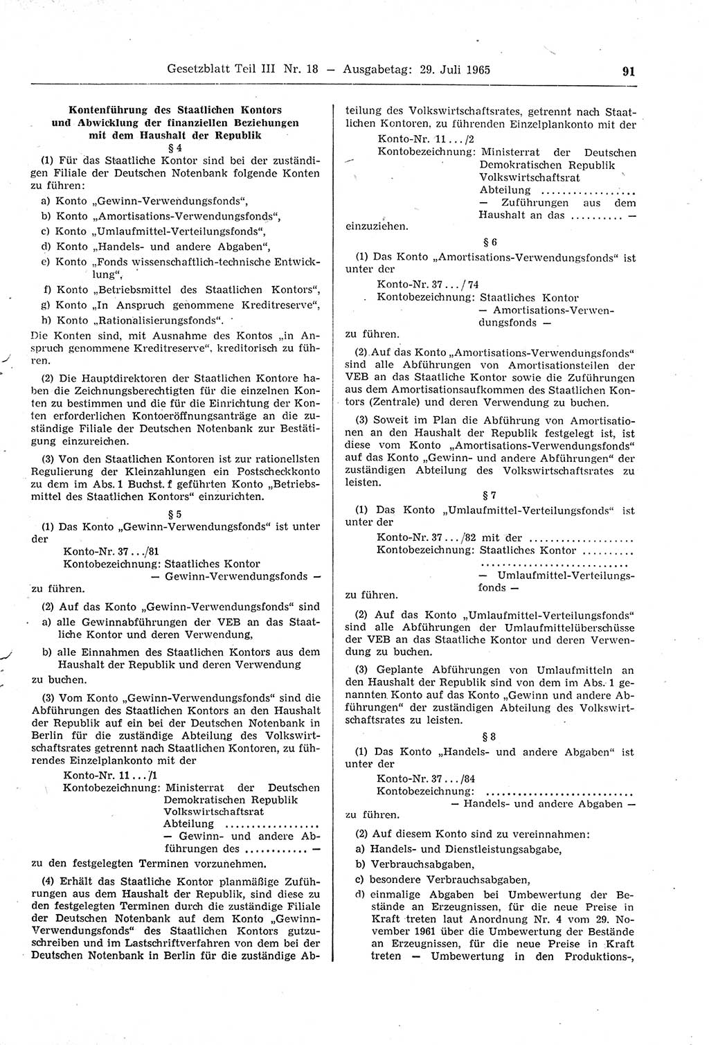 Gesetzblatt (GBl.) der Deutschen Demokratischen Republik (DDR) Teil ⅠⅠⅠ 1965, Seite 91 (GBl. DDR ⅠⅠⅠ 1965, S. 91)