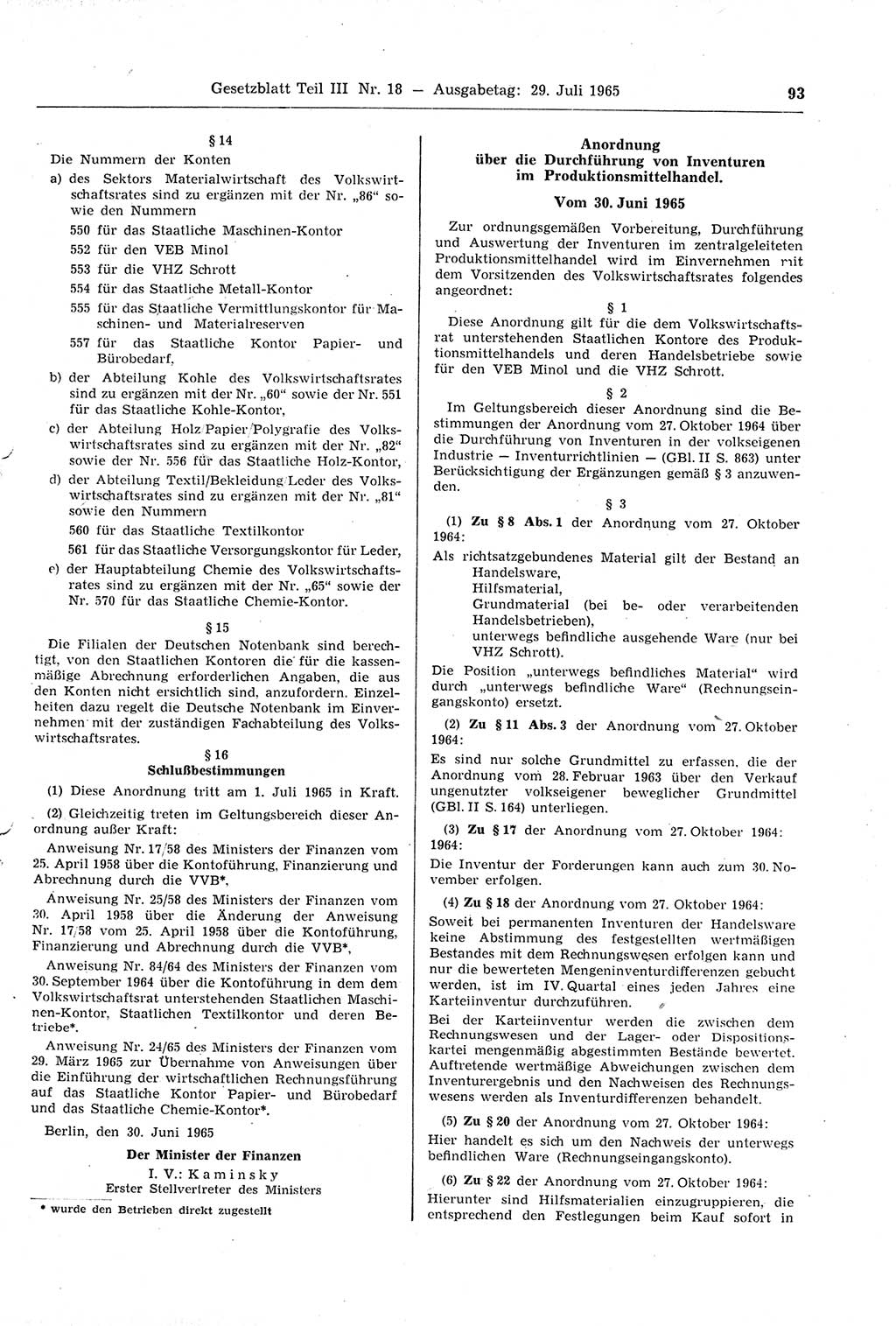 Gesetzblatt (GBl.) der Deutschen Demokratischen Republik (DDR) Teil ⅠⅠⅠ 1965, Seite 93 (GBl. DDR ⅠⅠⅠ 1965, S. 93)