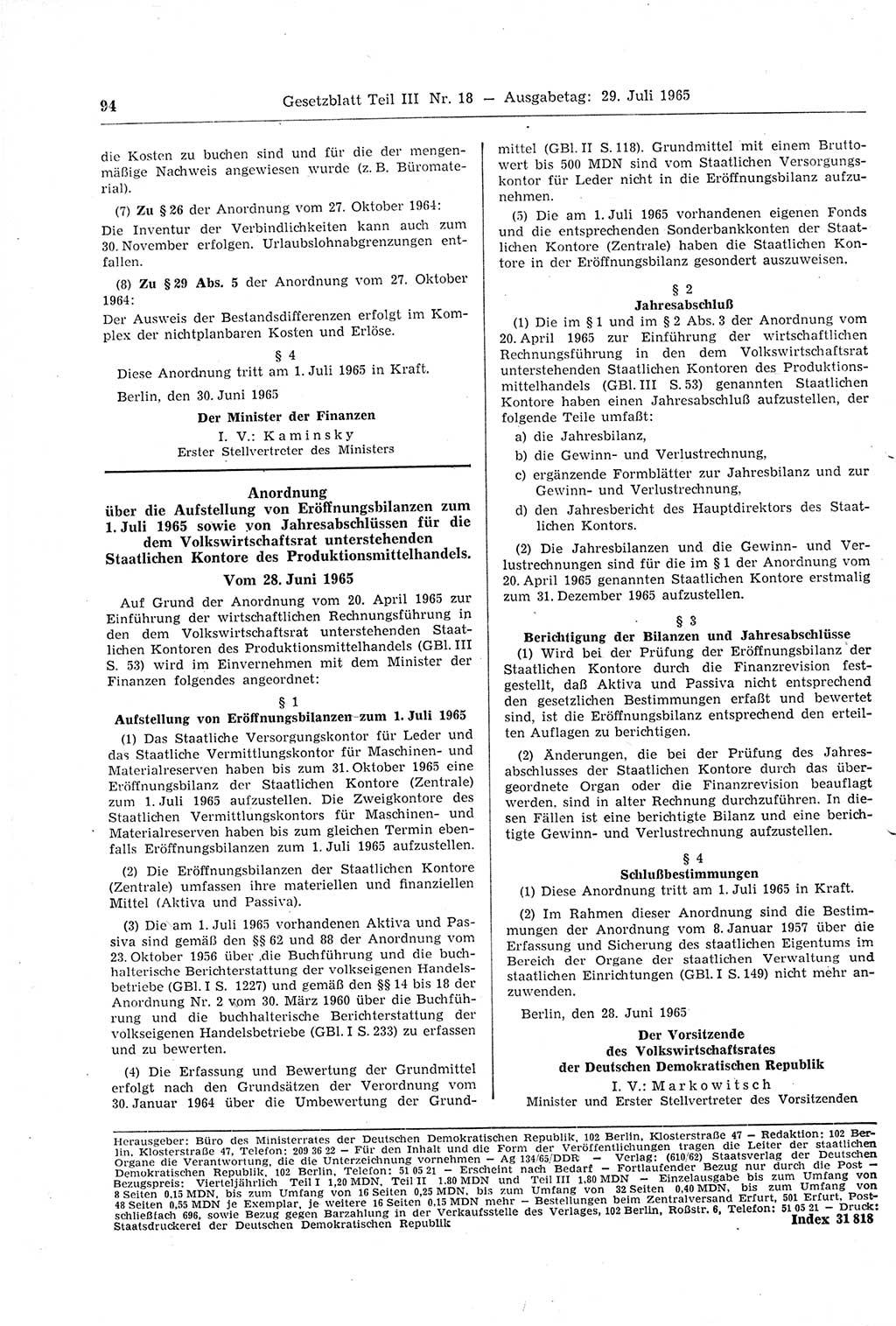 Gesetzblatt (GBl.) der Deutschen Demokratischen Republik (DDR) Teil ⅠⅠⅠ 1965, Seite 94 (GBl. DDR ⅠⅠⅠ 1965, S. 94)