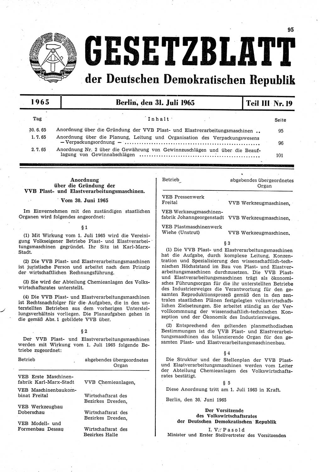 Gesetzblatt (GBl.) der Deutschen Demokratischen Republik (DDR) Teil ⅠⅠⅠ 1965, Seite 95 (GBl. DDR ⅠⅠⅠ 1965, S. 95)