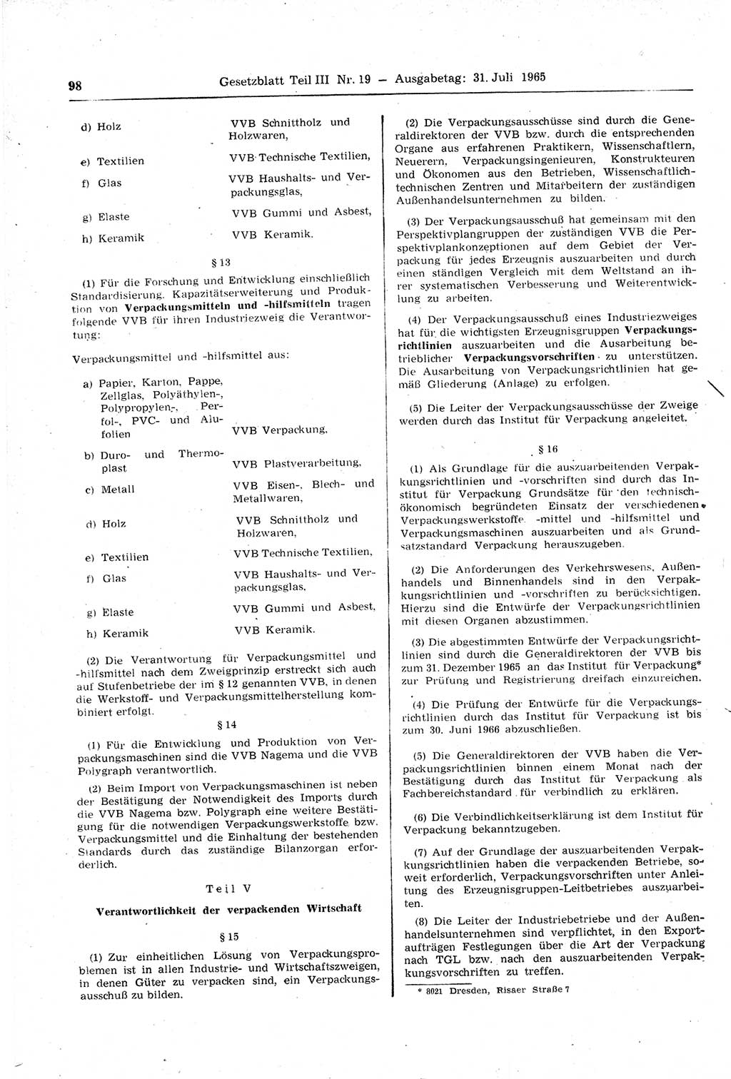 Gesetzblatt (GBl.) der Deutschen Demokratischen Republik (DDR) Teil ⅠⅠⅠ 1965, Seite 98 (GBl. DDR ⅠⅠⅠ 1965, S. 98)