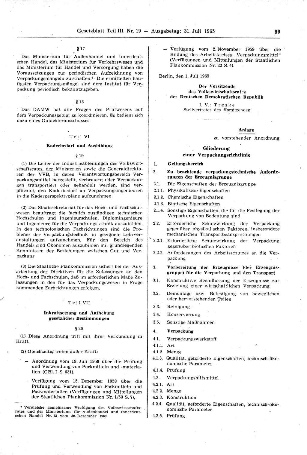 Gesetzblatt (GBl.) der Deutschen Demokratischen Republik (DDR) Teil ⅠⅠⅠ 1965, Seite 99 (GBl. DDR ⅠⅠⅠ 1965, S. 99)