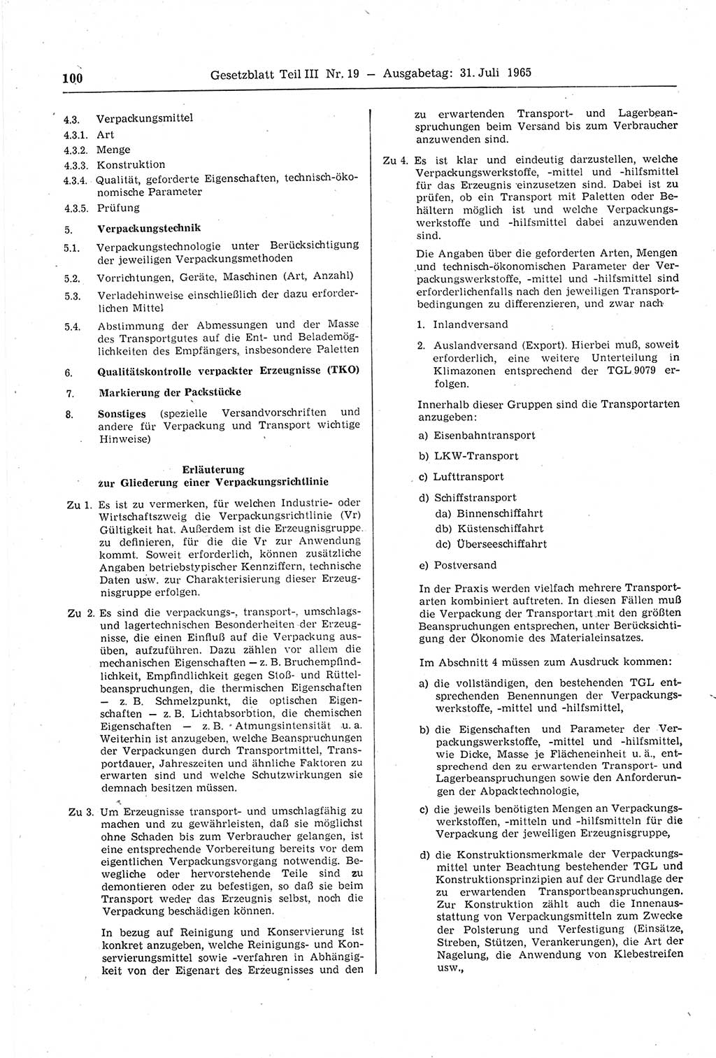 Gesetzblatt (GBl.) der Deutschen Demokratischen Republik (DDR) Teil ⅠⅠⅠ 1965, Seite 100 (GBl. DDR ⅠⅠⅠ 1965, S. 100)