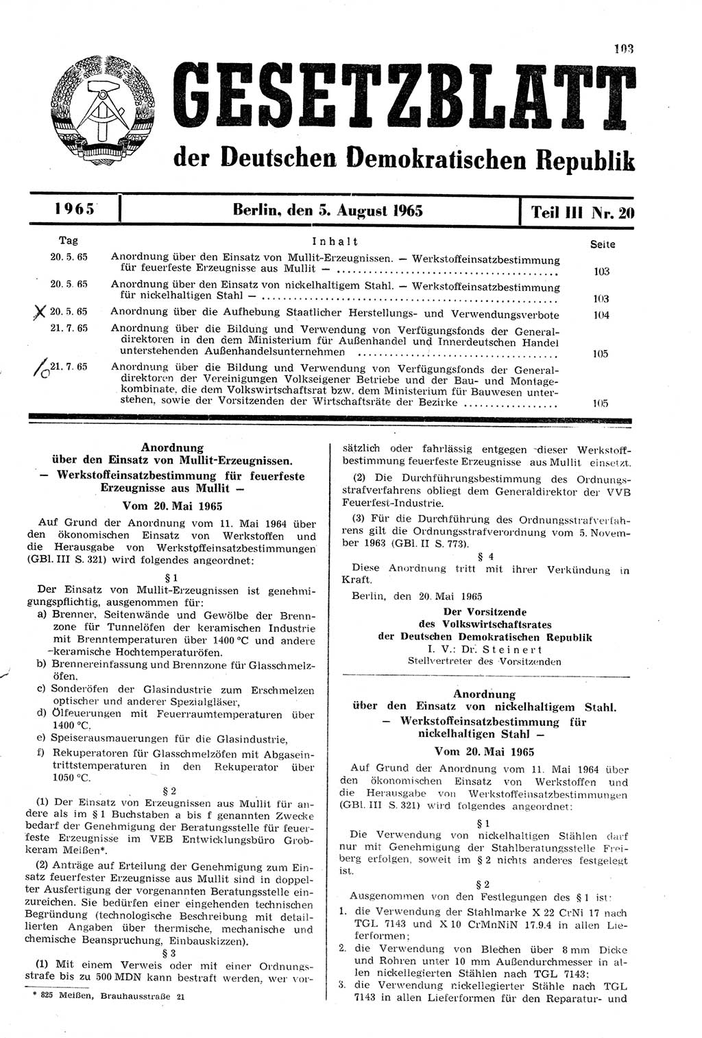 Gesetzblatt (GBl.) der Deutschen Demokratischen Republik (DDR) Teil ⅠⅠⅠ 1965, Seite 103 (GBl. DDR ⅠⅠⅠ 1965, S. 103)