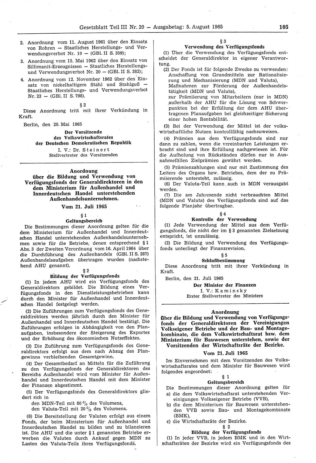 Gesetzblatt (GBl.) der Deutschen Demokratischen Republik (DDR) Teil ⅠⅠⅠ 1965, Seite 105 (GBl. DDR ⅠⅠⅠ 1965, S. 105)