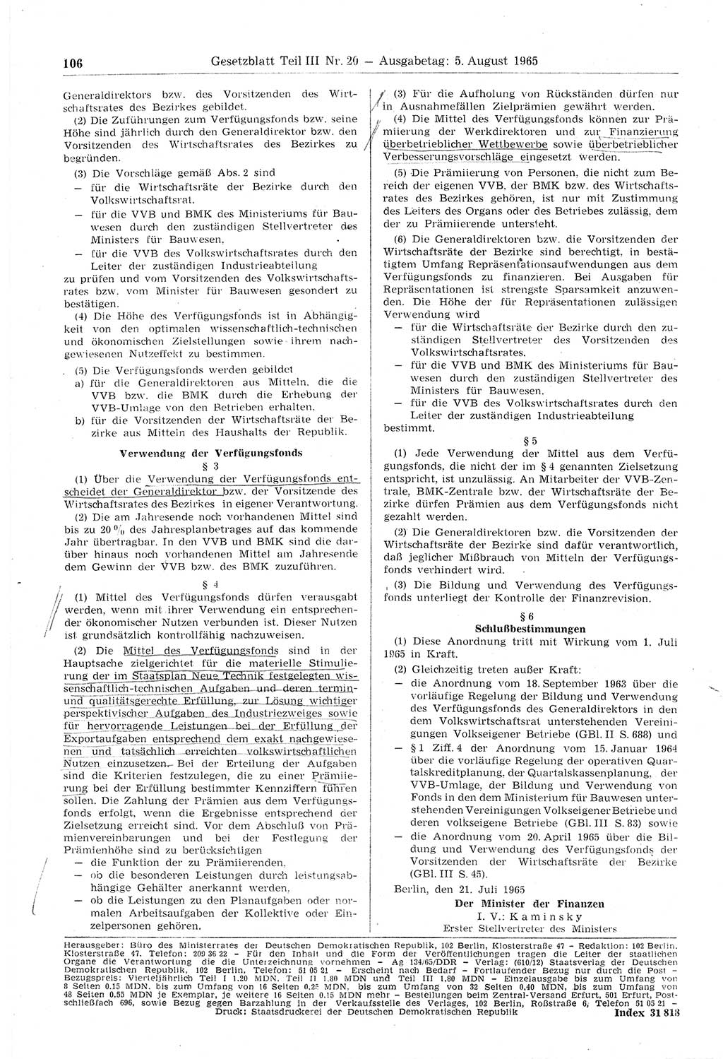 Gesetzblatt (GBl.) der Deutschen Demokratischen Republik (DDR) Teil ⅠⅠⅠ 1965, Seite 106 (GBl. DDR ⅠⅠⅠ 1965, S. 106)