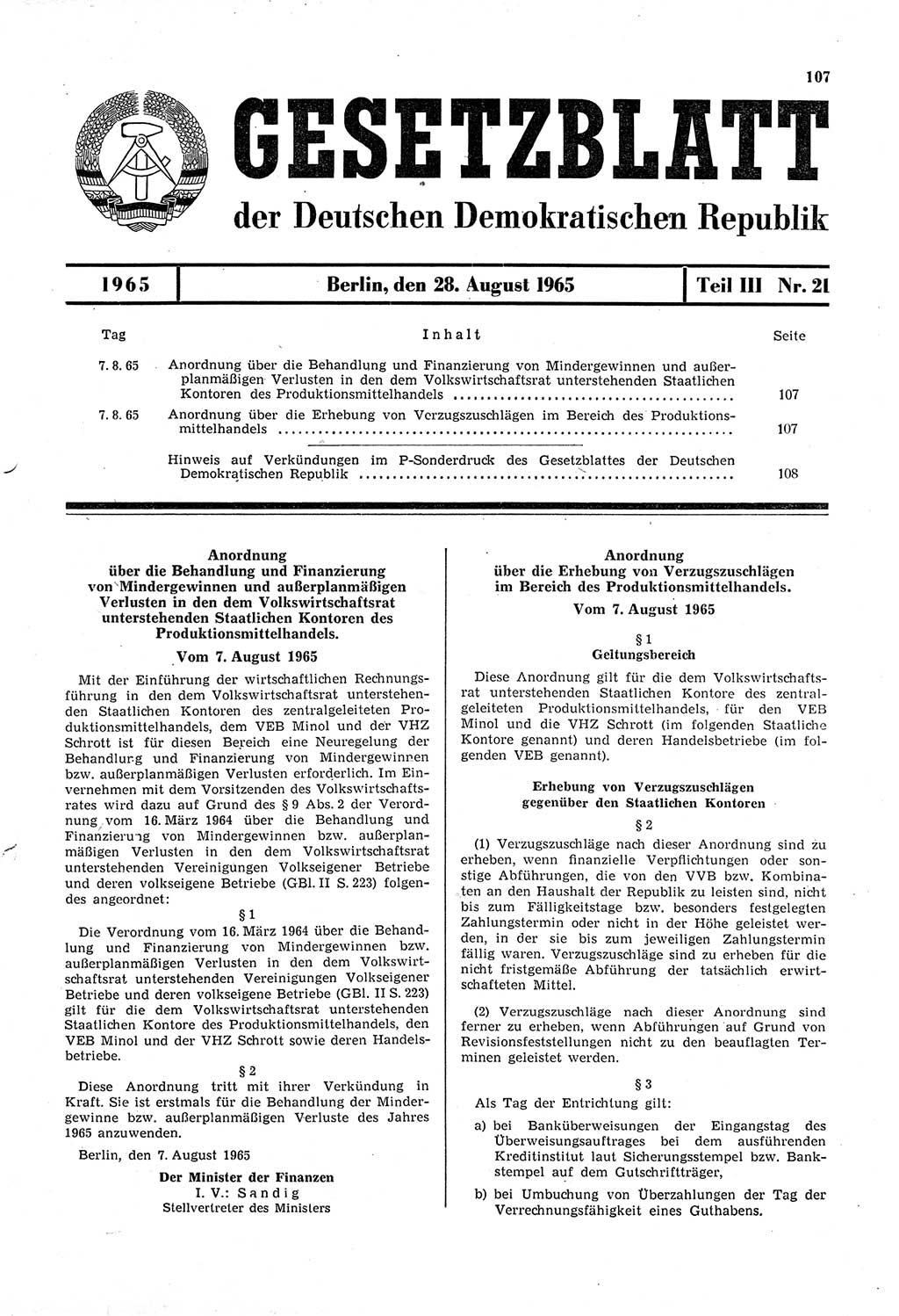Gesetzblatt (GBl.) der Deutschen Demokratischen Republik (DDR) Teil ⅠⅠⅠ 1965, Seite 107 (GBl. DDR ⅠⅠⅠ 1965, S. 107)