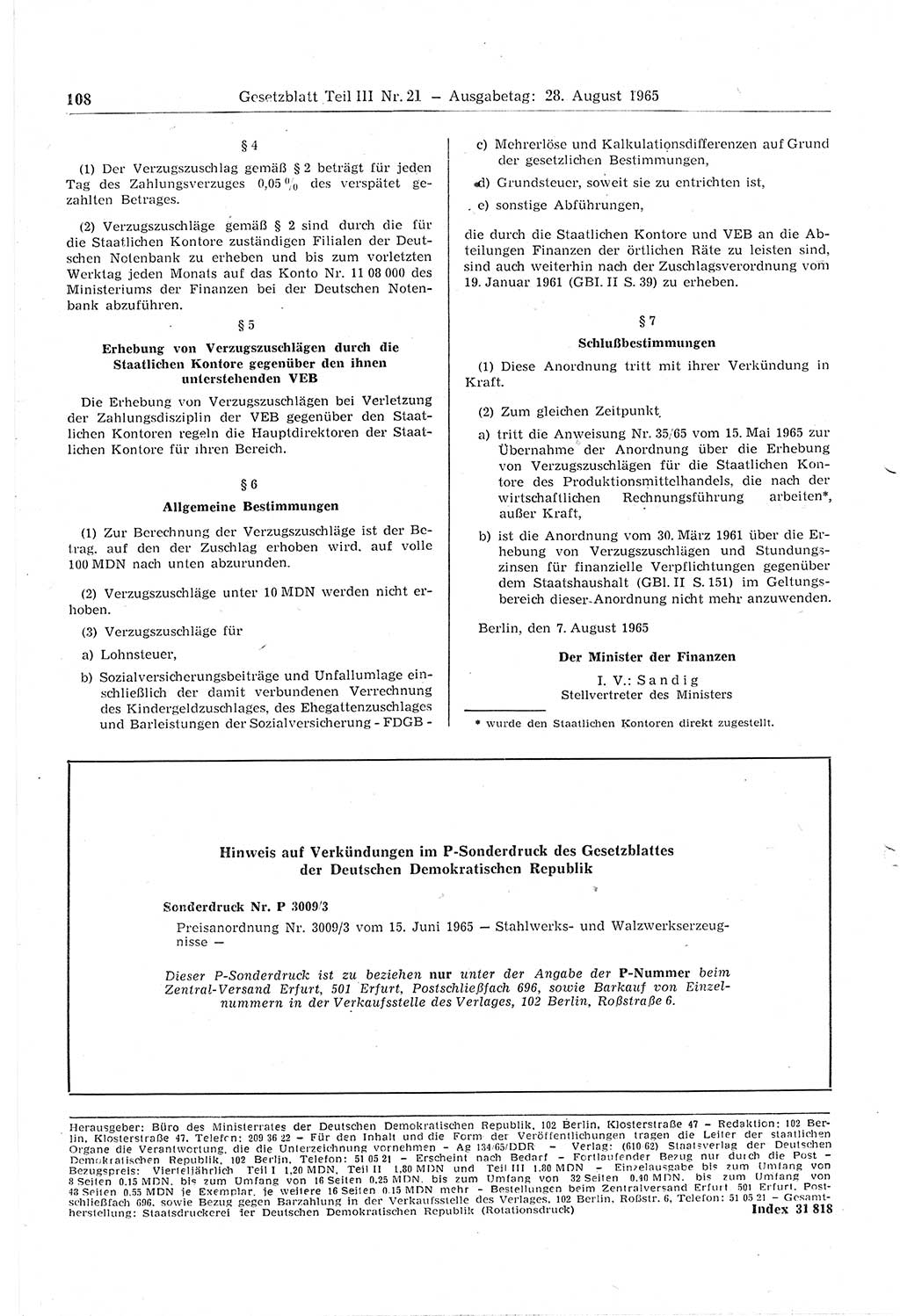 Gesetzblatt (GBl.) der Deutschen Demokratischen Republik (DDR) Teil ⅠⅠⅠ 1965, Seite 108 (GBl. DDR ⅠⅠⅠ 1965, S. 108)