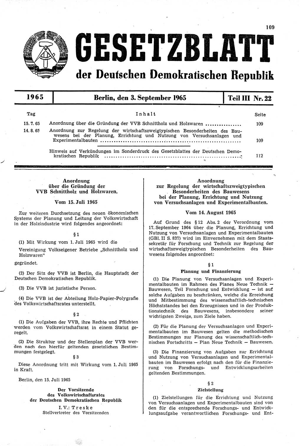Gesetzblatt (GBl.) der Deutschen Demokratischen Republik (DDR) Teil ⅠⅠⅠ 1965, Seite 109 (GBl. DDR ⅠⅠⅠ 1965, S. 109)