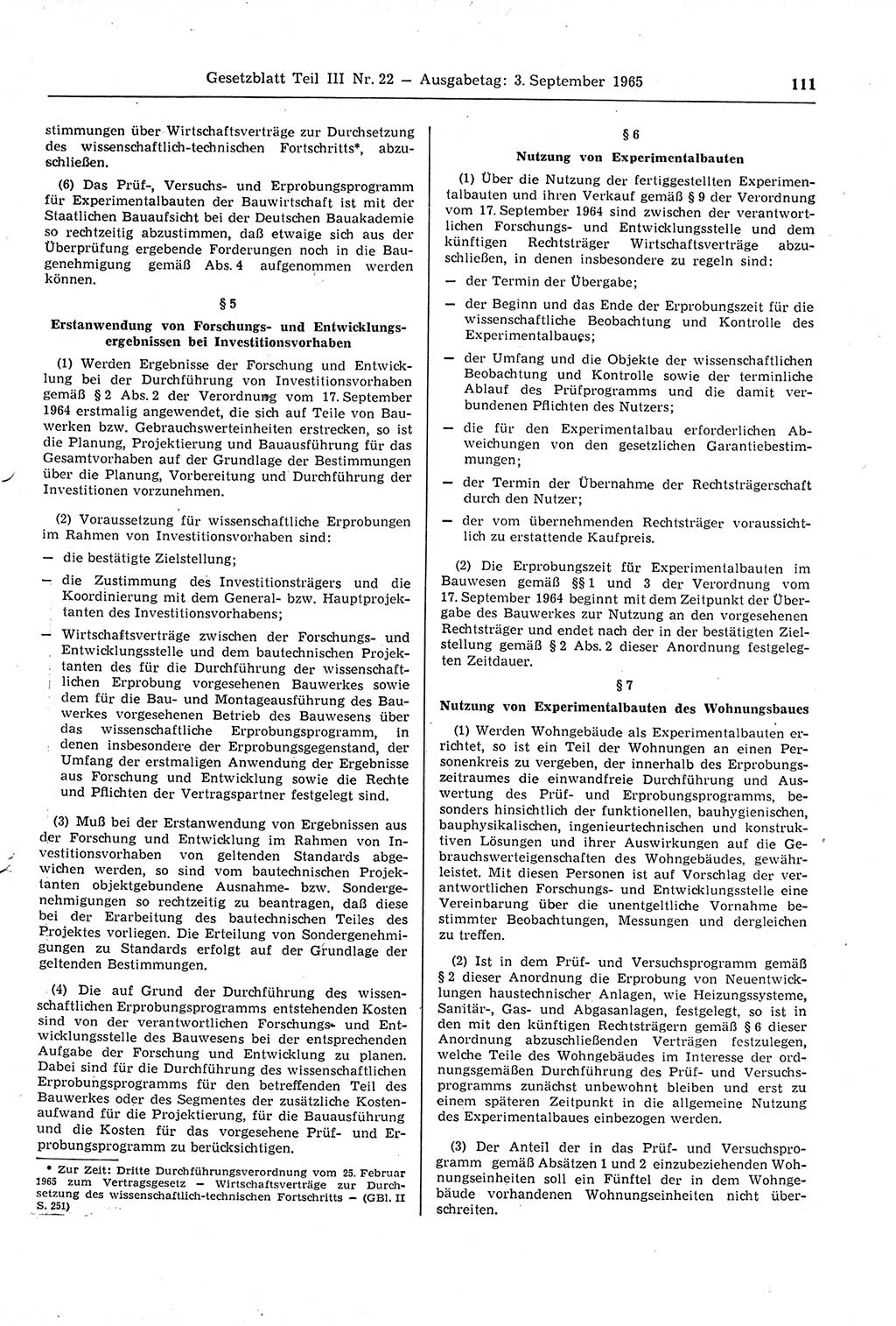 Gesetzblatt (GBl.) der Deutschen Demokratischen Republik (DDR) Teil ⅠⅠⅠ 1965, Seite 111 (GBl. DDR ⅠⅠⅠ 1965, S. 111)