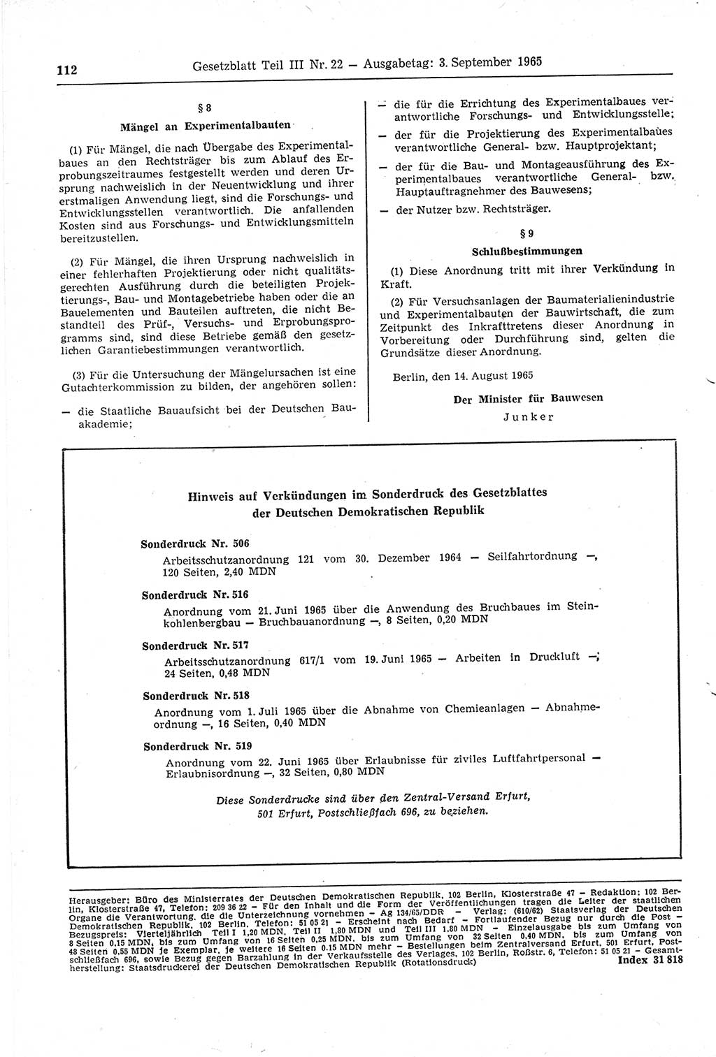 Gesetzblatt (GBl.) der Deutschen Demokratischen Republik (DDR) Teil ⅠⅠⅠ 1965, Seite 112 (GBl. DDR ⅠⅠⅠ 1965, S. 112)