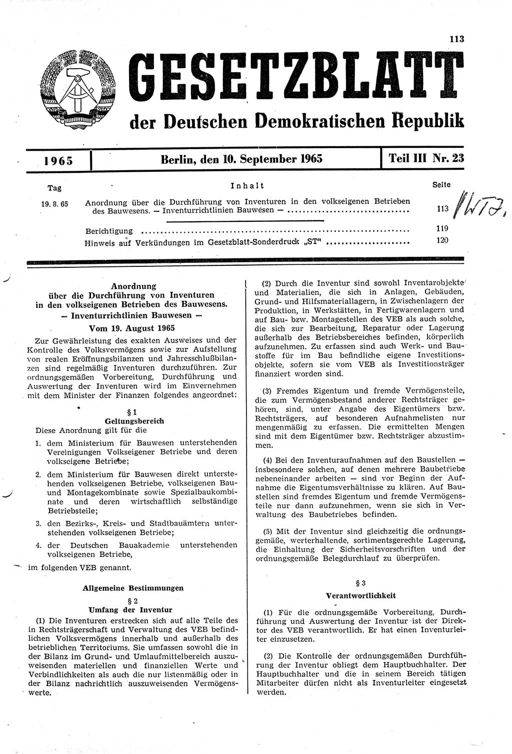 Gesetzblatt (GBl.) der Deutschen Demokratischen Republik (DDR) Teil ⅠⅠⅠ 1965, Seite 113 (GBl. DDR ⅠⅠⅠ 1965, S. 113)