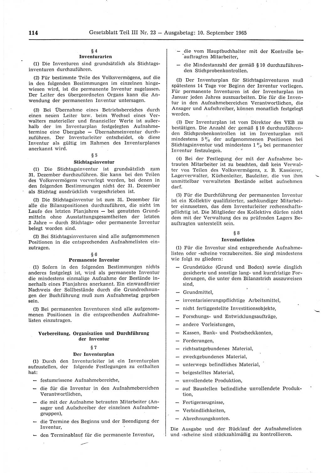Gesetzblatt (GBl.) der Deutschen Demokratischen Republik (DDR) Teil ⅠⅠⅠ 1965, Seite 114 (GBl. DDR ⅠⅠⅠ 1965, S. 114)