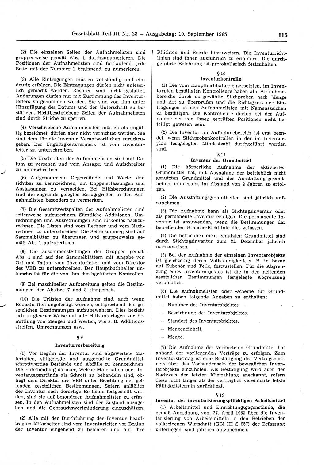 Gesetzblatt (GBl.) der Deutschen Demokratischen Republik (DDR) Teil ⅠⅠⅠ 1965, Seite 115 (GBl. DDR ⅠⅠⅠ 1965, S. 115)