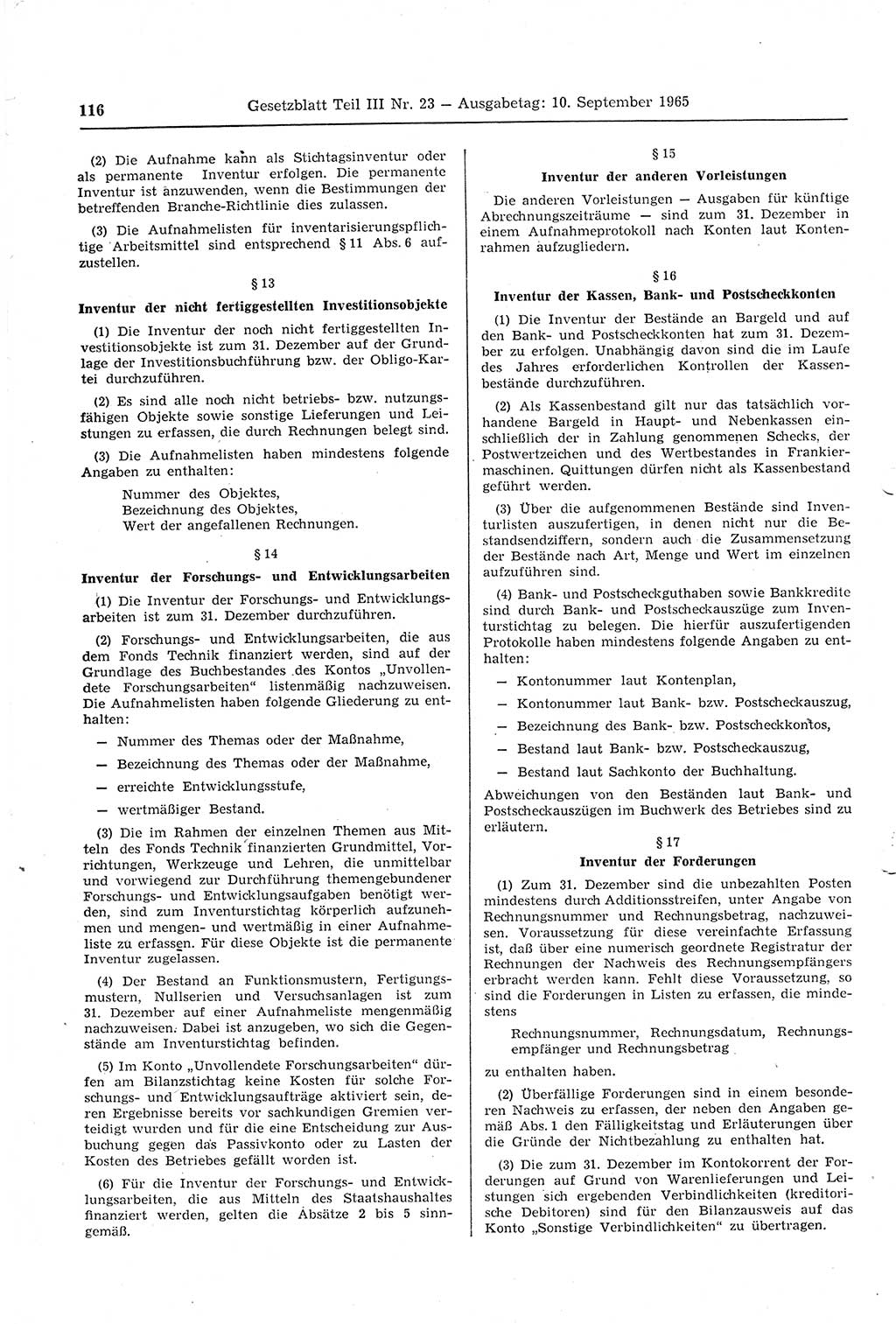 Gesetzblatt (GBl.) der Deutschen Demokratischen Republik (DDR) Teil ⅠⅠⅠ 1965, Seite 116 (GBl. DDR ⅠⅠⅠ 1965, S. 116)
