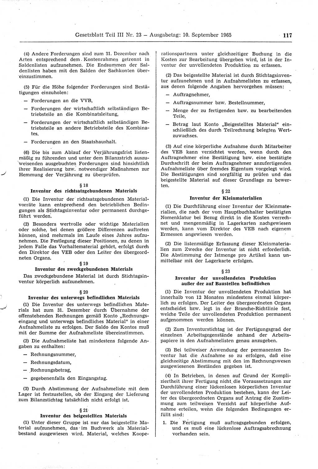 Gesetzblatt (GBl.) der Deutschen Demokratischen Republik (DDR) Teil ⅠⅠⅠ 1965, Seite 117 (GBl. DDR ⅠⅠⅠ 1965, S. 117)