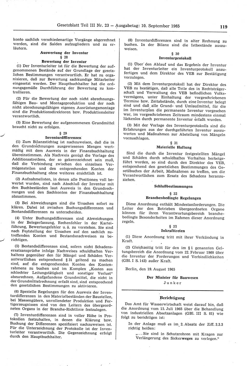 Gesetzblatt (GBl.) der Deutschen Demokratischen Republik (DDR) Teil ⅠⅠⅠ 1965, Seite 119 (GBl. DDR ⅠⅠⅠ 1965, S. 119)