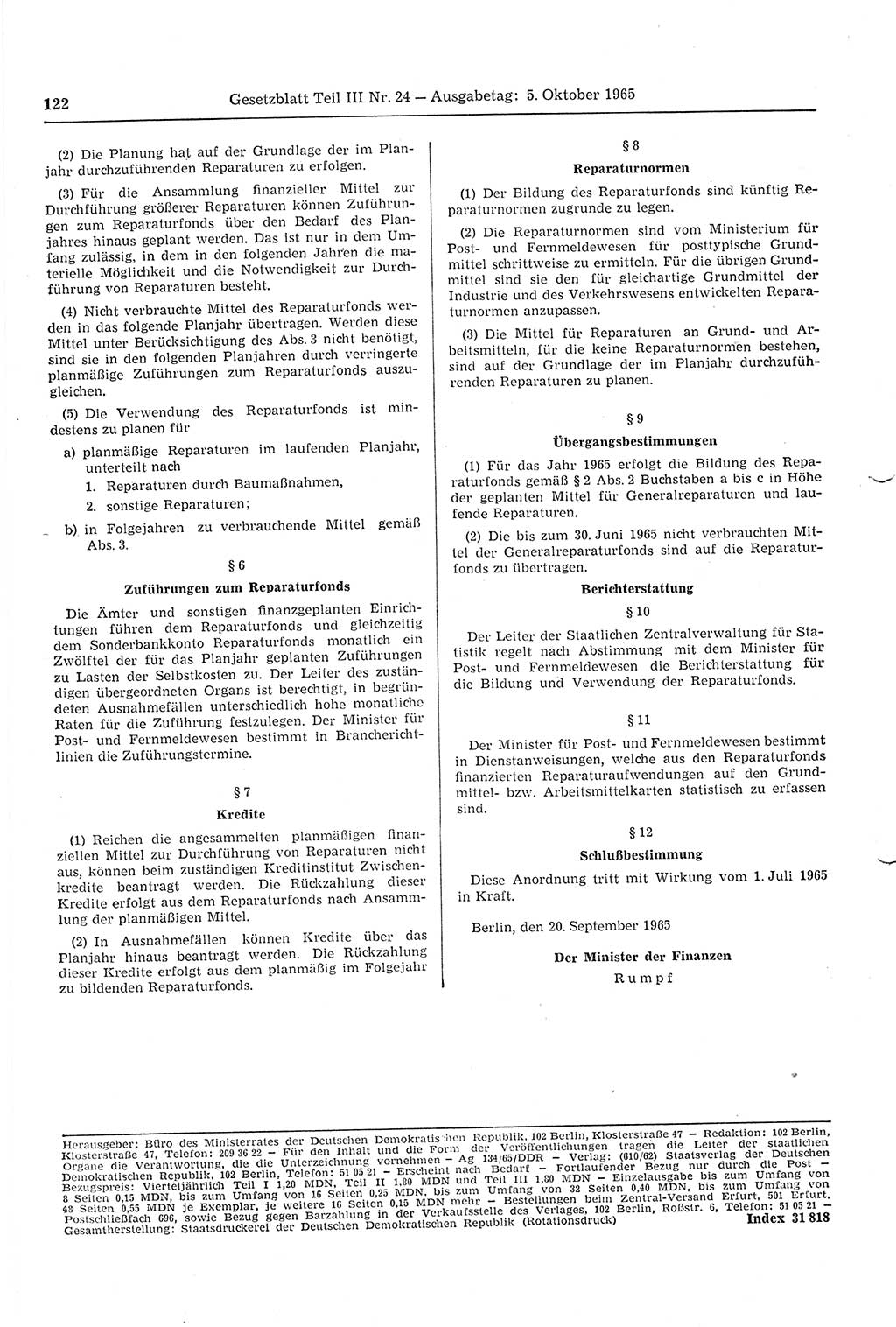 Gesetzblatt (GBl.) der Deutschen Demokratischen Republik (DDR) Teil ⅠⅠⅠ 1965, Seite 122 (GBl. DDR ⅠⅠⅠ 1965, S. 122)