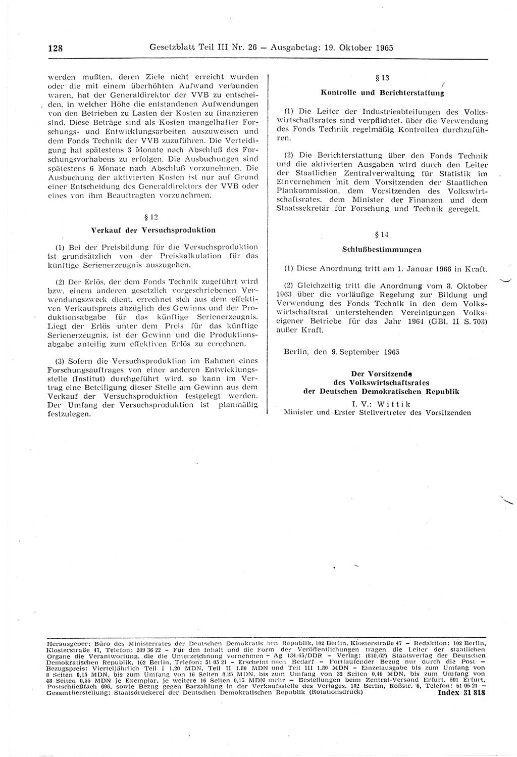 Gesetzblatt (GBl.) der Deutschen Demokratischen Republik (DDR) Teil ⅠⅠⅠ 1965, Seite 128 (GBl. DDR ⅠⅠⅠ 1965, S. 128)