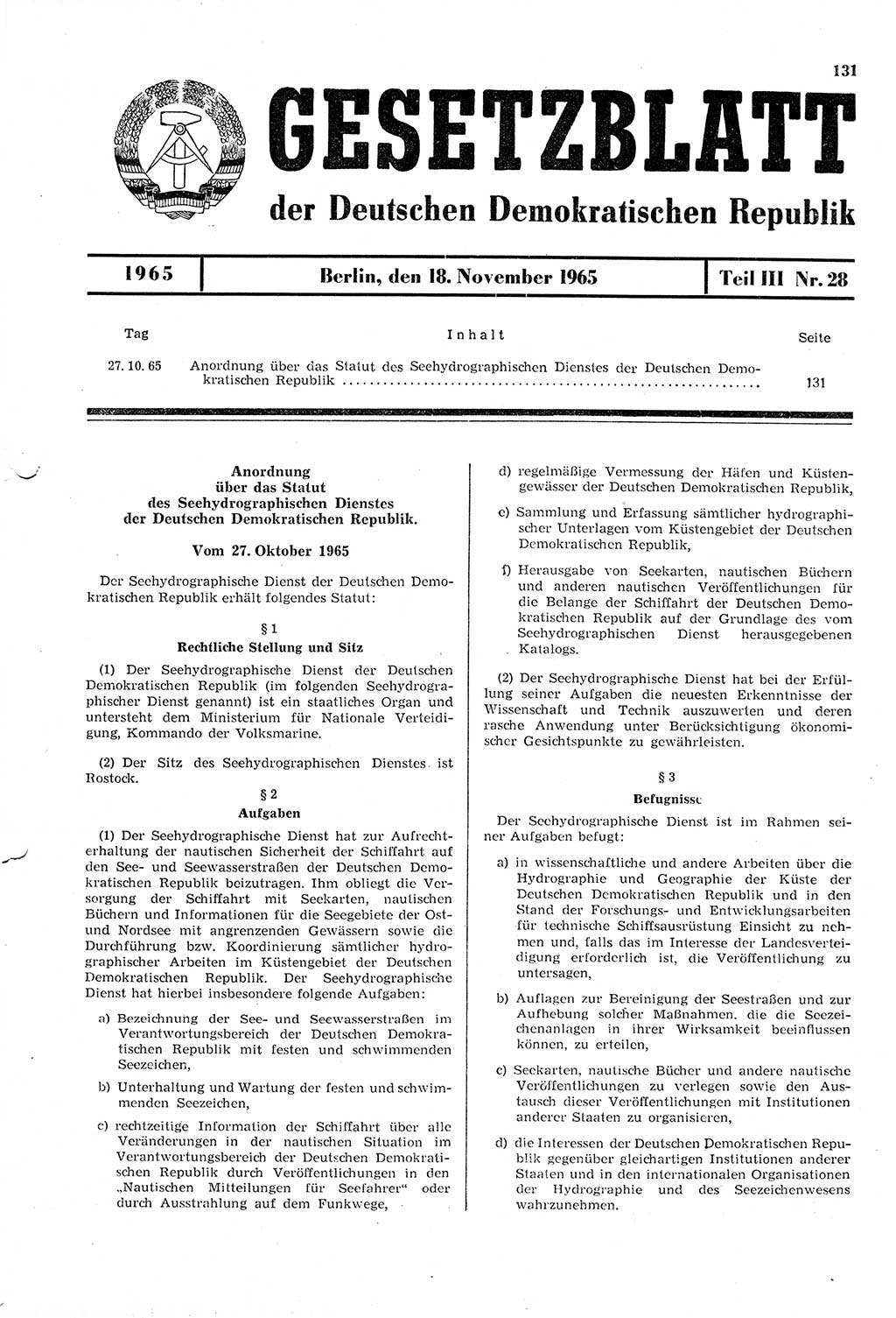 Gesetzblatt (GBl.) der Deutschen Demokratischen Republik (DDR) Teil ⅠⅠⅠ 1965, Seite 131 (GBl. DDR ⅠⅠⅠ 1965, S. 131)
