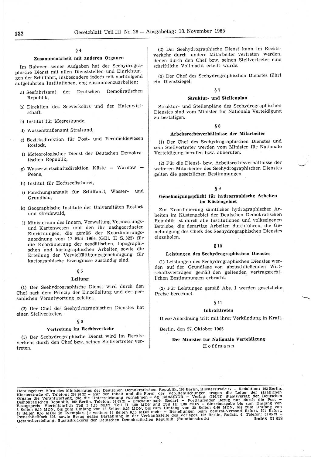 Gesetzblatt (GBl.) der Deutschen Demokratischen Republik (DDR) Teil ⅠⅠⅠ 1965, Seite 132 (GBl. DDR ⅠⅠⅠ 1965, S. 132)