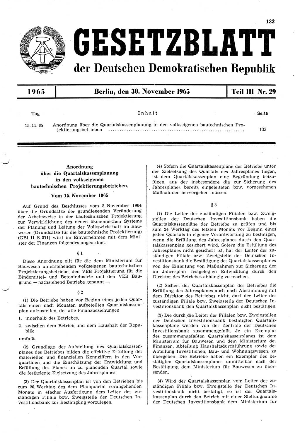 Gesetzblatt (GBl.) der Deutschen Demokratischen Republik (DDR) Teil ⅠⅠⅠ 1965, Seite 133 (GBl. DDR ⅠⅠⅠ 1965, S. 133)