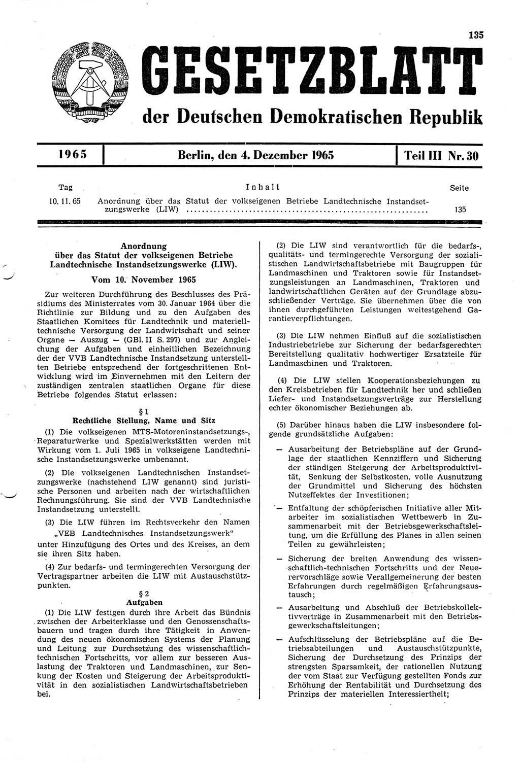 Gesetzblatt (GBl.) der Deutschen Demokratischen Republik (DDR) Teil ⅠⅠⅠ 1965, Seite 135 (GBl. DDR ⅠⅠⅠ 1965, S. 135)