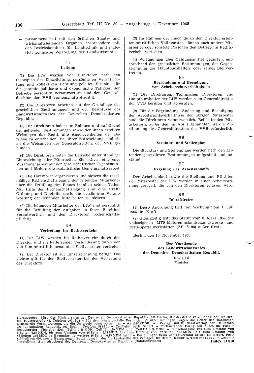 Gesetzblatt (GBl.) der Deutschen Demokratischen Republik (DDR) Teil ⅠⅠⅠ 1965, Seite 136 (GBl. DDR ⅠⅠⅠ 1965, S. 136)