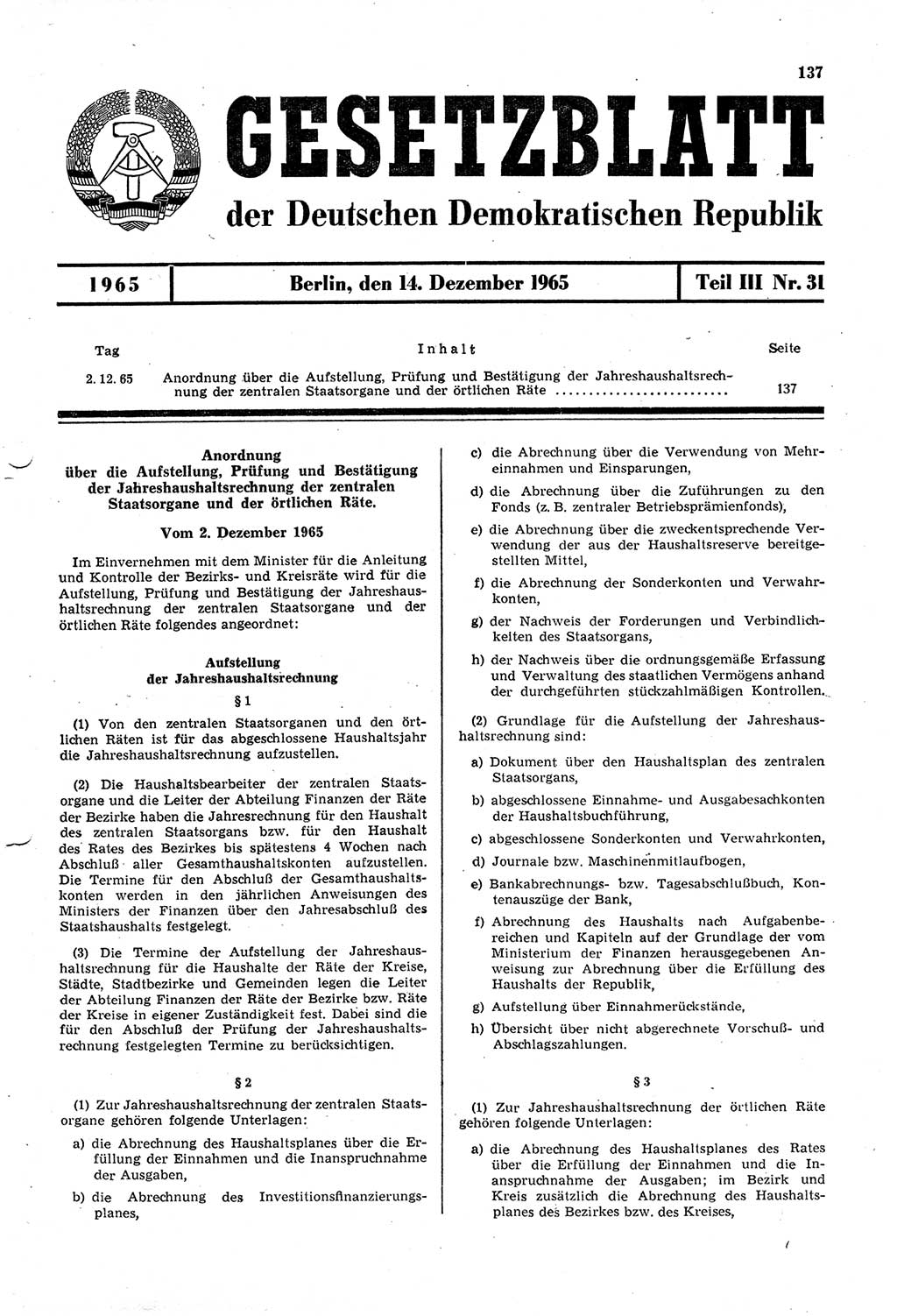 Gesetzblatt (GBl.) der Deutschen Demokratischen Republik (DDR) Teil ⅠⅠⅠ 1965, Seite 137 (GBl. DDR ⅠⅠⅠ 1965, S. 137)
