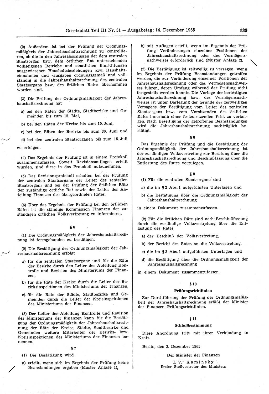 Gesetzblatt (GBl.) der Deutschen Demokratischen Republik (DDR) Teil ⅠⅠⅠ 1965, Seite 139 (GBl. DDR ⅠⅠⅠ 1965, S. 139)