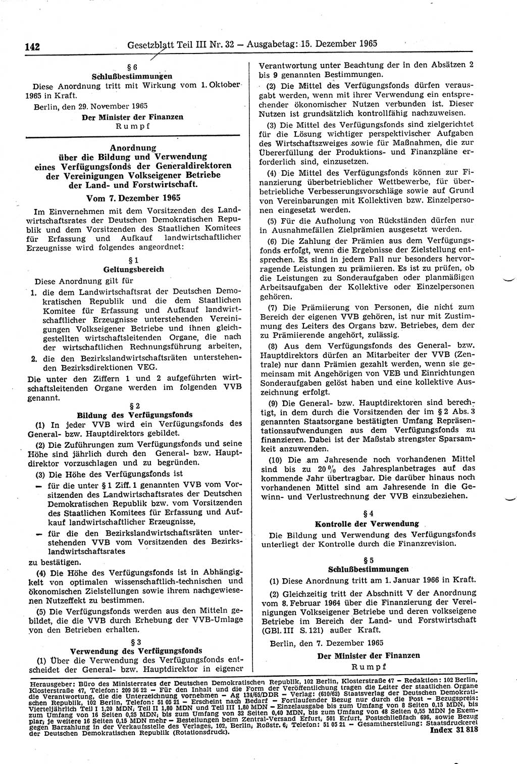Gesetzblatt (GBl.) der Deutschen Demokratischen Republik (DDR) Teil ⅠⅠⅠ 1965, Seite 142 (GBl. DDR ⅠⅠⅠ 1965, S. 142)