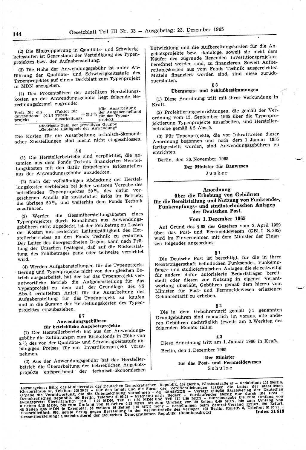 Gesetzblatt (GBl.) der Deutschen Demokratischen Republik (DDR) Teil ⅠⅠⅠ 1965, Seite 144 (GBl. DDR ⅠⅠⅠ 1965, S. 144)