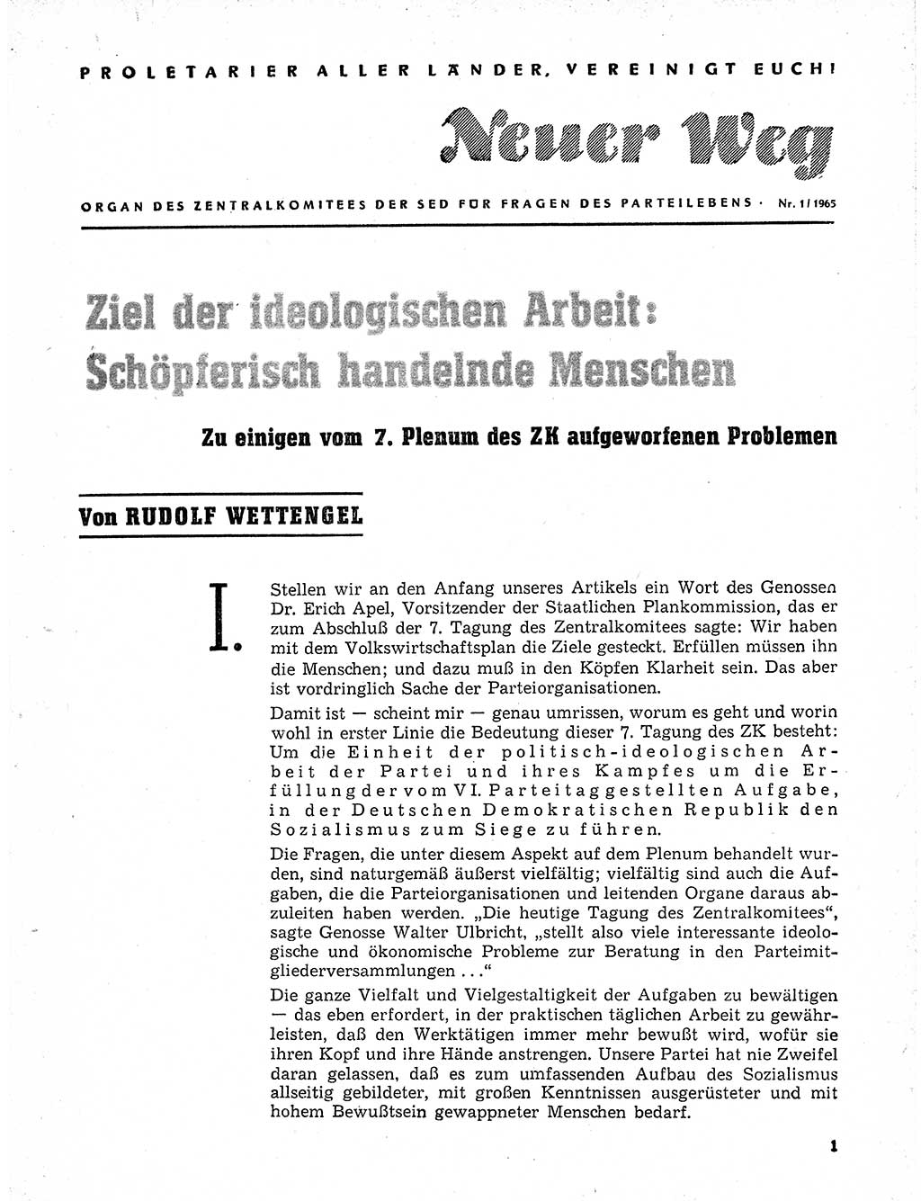 Neuer Weg (NW), Organ des Zentralkomitees (ZK) der SED (Sozialistische Einheitspartei Deutschlands) für Fragen des Parteilebens, 20. Jahrgang [Deutsche Demokratische Republik (DDR)] 1965, Seite 1 (NW ZK SED DDR 1965, S. 1)