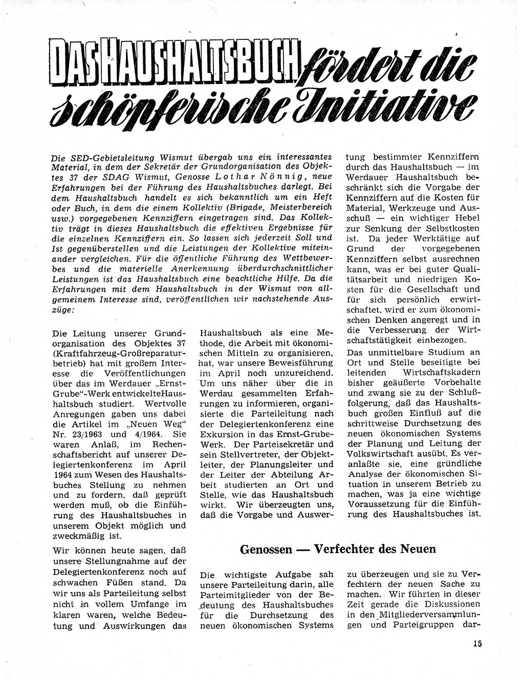 Neuer Weg (NW), Organ des Zentralkomitees (ZK) der SED (Sozialistische Einheitspartei Deutschlands) für Fragen des Parteilebens, 20. Jahrgang [Deutsche Demokratische Republik (DDR)] 1965, Seite 15 (NW ZK SED DDR 1965, S. 15)