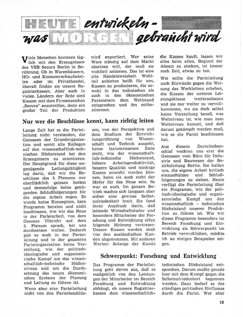 Neuer Weg (NW), Organ des Zentralkomitees (ZK) der SED (Sozialistische Einheitspartei Deutschlands) für Fragen des Parteilebens, 20. Jahrgang [Deutsche Demokratische Republik (DDR)] 1965, Seite 19 (NW ZK SED DDR 1965, S. 19)