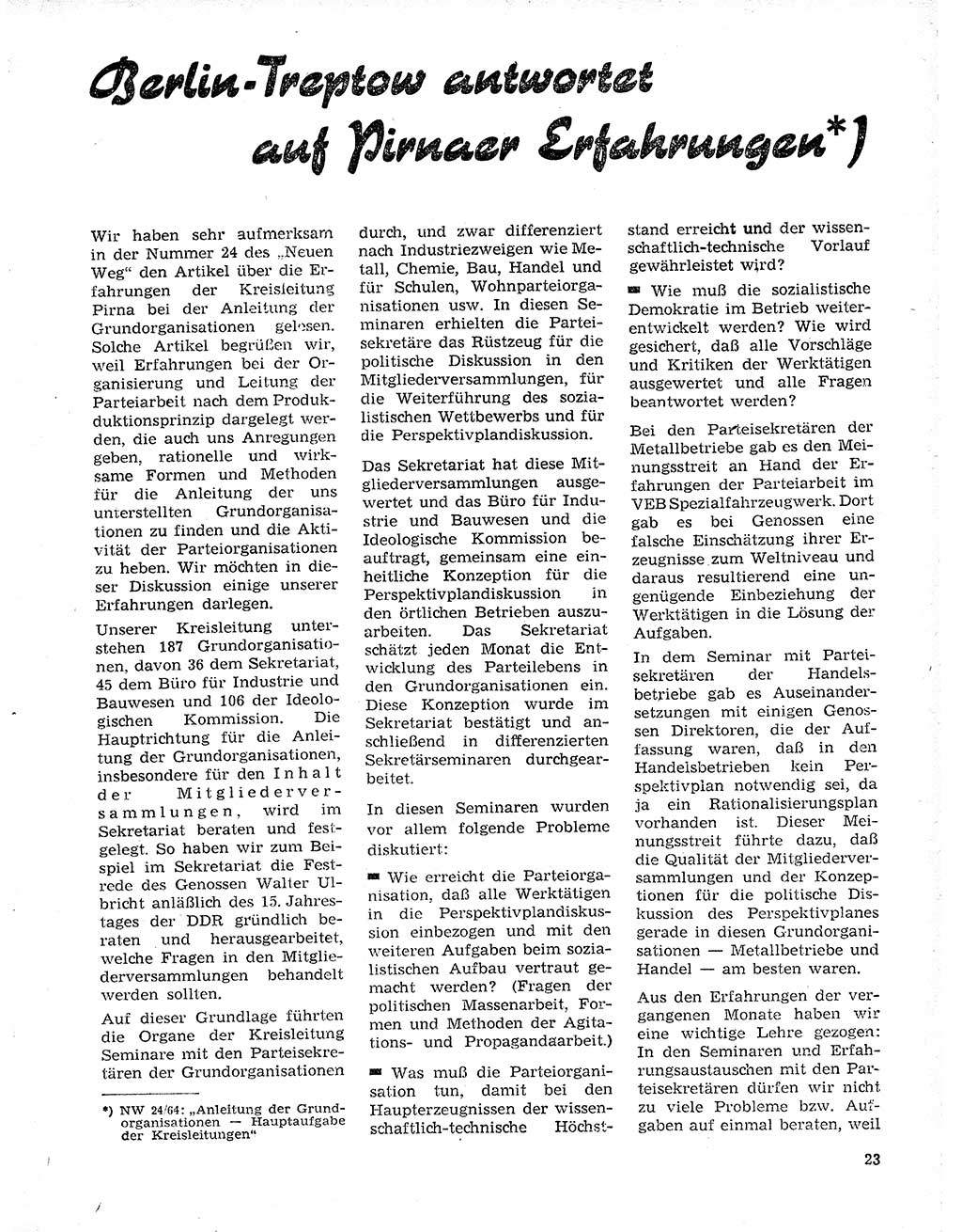 Neuer Weg (NW), Organ des Zentralkomitees (ZK) der SED (Sozialistische Einheitspartei Deutschlands) für Fragen des Parteilebens, 20. Jahrgang [Deutsche Demokratische Republik (DDR)] 1965, Seite 23 (NW ZK SED DDR 1965, S. 23)
