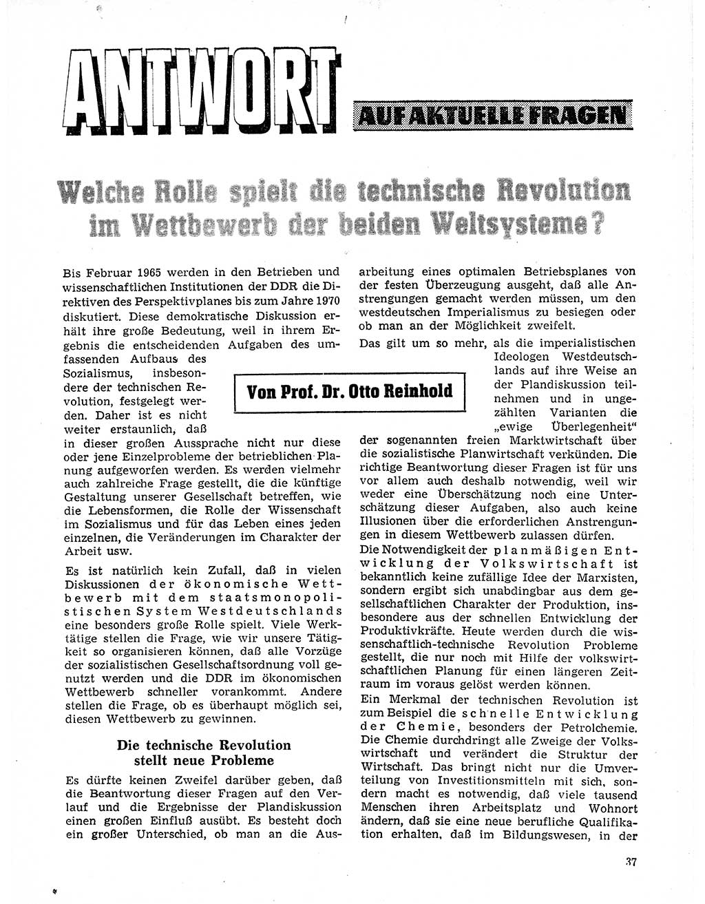 Neuer Weg (NW), Organ des Zentralkomitees (ZK) der SED (Sozialistische Einheitspartei Deutschlands) für Fragen des Parteilebens, 20. Jahrgang [Deutsche Demokratische Republik (DDR)] 1965, Seite 37 (NW ZK SED DDR 1965, S. 37)