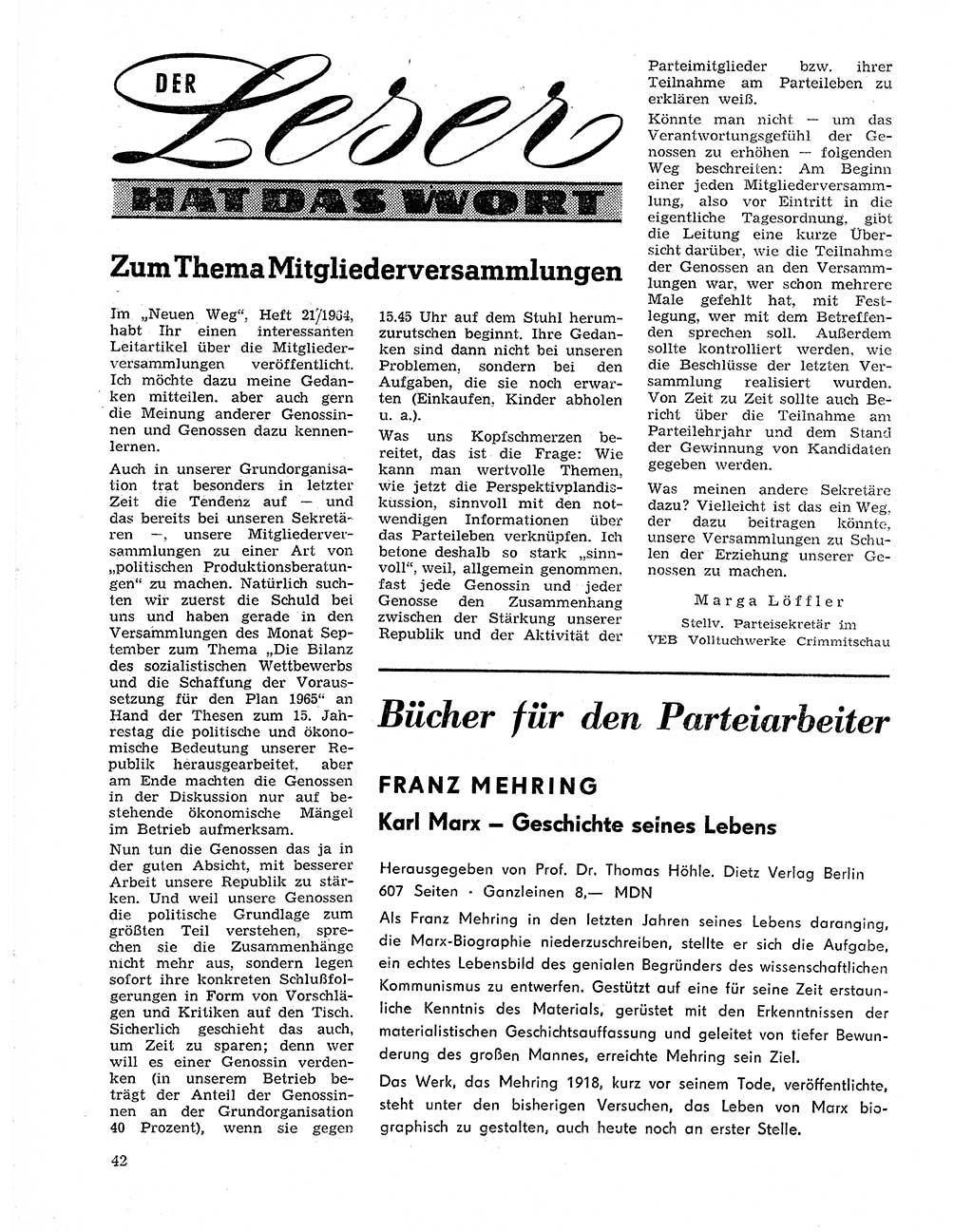 Neuer Weg (NW), Organ des Zentralkomitees (ZK) der SED (Sozialistische Einheitspartei Deutschlands) für Fragen des Parteilebens, 20. Jahrgang [Deutsche Demokratische Republik (DDR)] 1965, Seite 42 (NW ZK SED DDR 1965, S. 42)