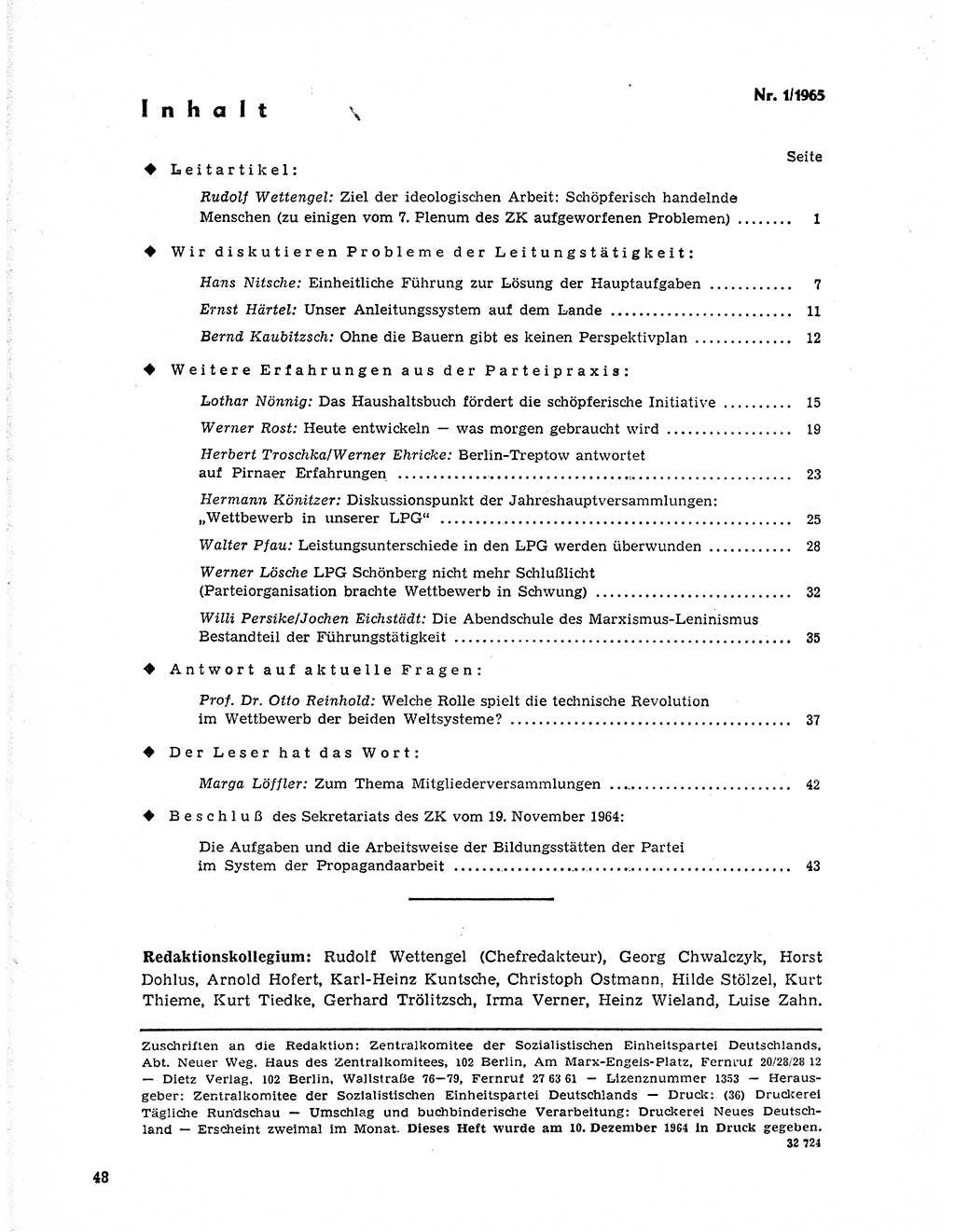 Neuer Weg (NW), Organ des Zentralkomitees (ZK) der SED (Sozialistische Einheitspartei Deutschlands) für Fragen des Parteilebens, 20. Jahrgang [Deutsche Demokratische Republik (DDR)] 1965, Seite 48 (NW ZK SED DDR 1965, S. 48)