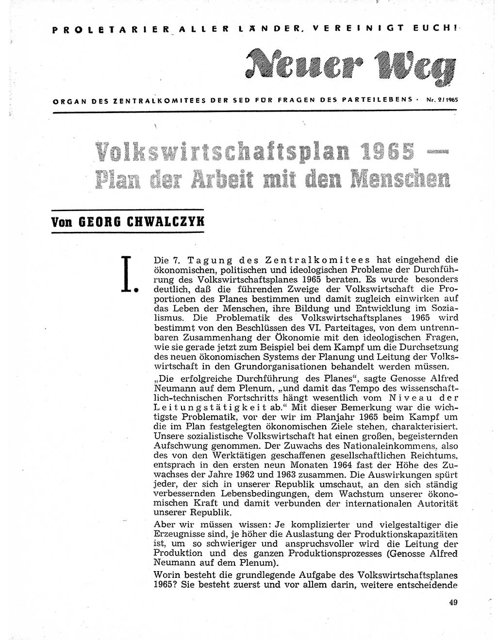 Neuer Weg (NW), Organ des Zentralkomitees (ZK) der SED (Sozialistische Einheitspartei Deutschlands) für Fragen des Parteilebens, 20. Jahrgang [Deutsche Demokratische Republik (DDR)] 1965, Seite 49 (NW ZK SED DDR 1965, S. 49)