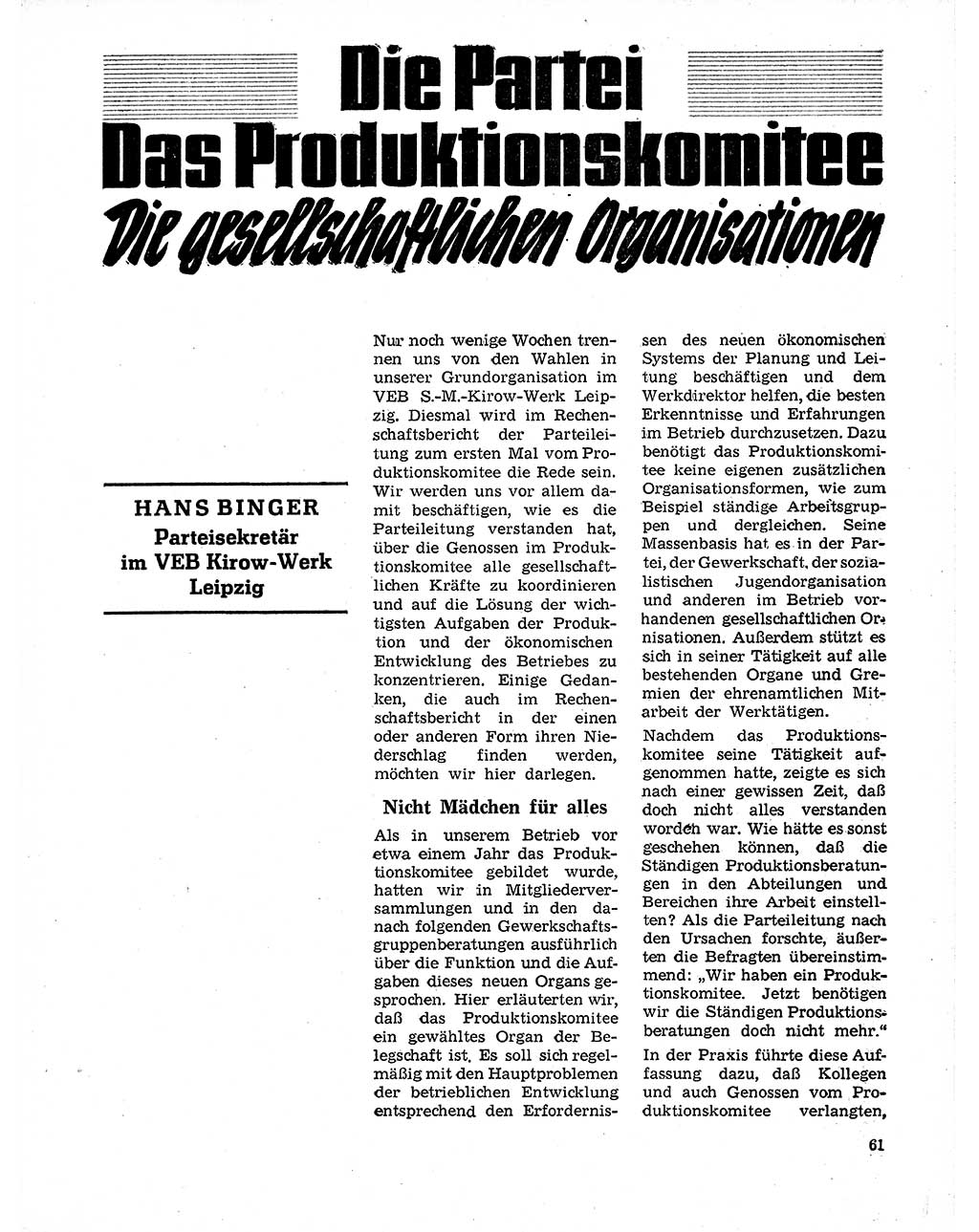 Neuer Weg (NW), Organ des Zentralkomitees (ZK) der SED (Sozialistische Einheitspartei Deutschlands) für Fragen des Parteilebens, 20. Jahrgang [Deutsche Demokratische Republik (DDR)] 1965, Seite 61 (NW ZK SED DDR 1965, S. 61)