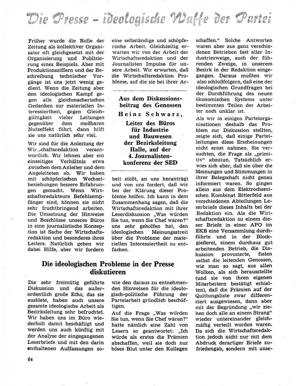 Neuer Weg (NW), Organ des Zentralkomitees (ZK) der SED (Sozialistische Einheitspartei Deutschlands) für Fragen des Parteilebens, 20. Jahrgang [Deutsche Demokratische Republik (DDR)] 1965, Seite 64 (NW ZK SED DDR 1965, S. 64)