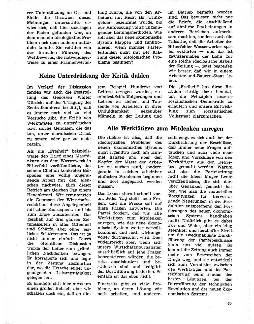 Neuer Weg (NW), Organ des Zentralkomitees (ZK) der SED (Sozialistische Einheitspartei Deutschlands) für Fragen des Parteilebens, 20. Jahrgang [Deutsche Demokratische Republik (DDR)] 1965, Seite 65 (NW ZK SED DDR 1965, S. 65)