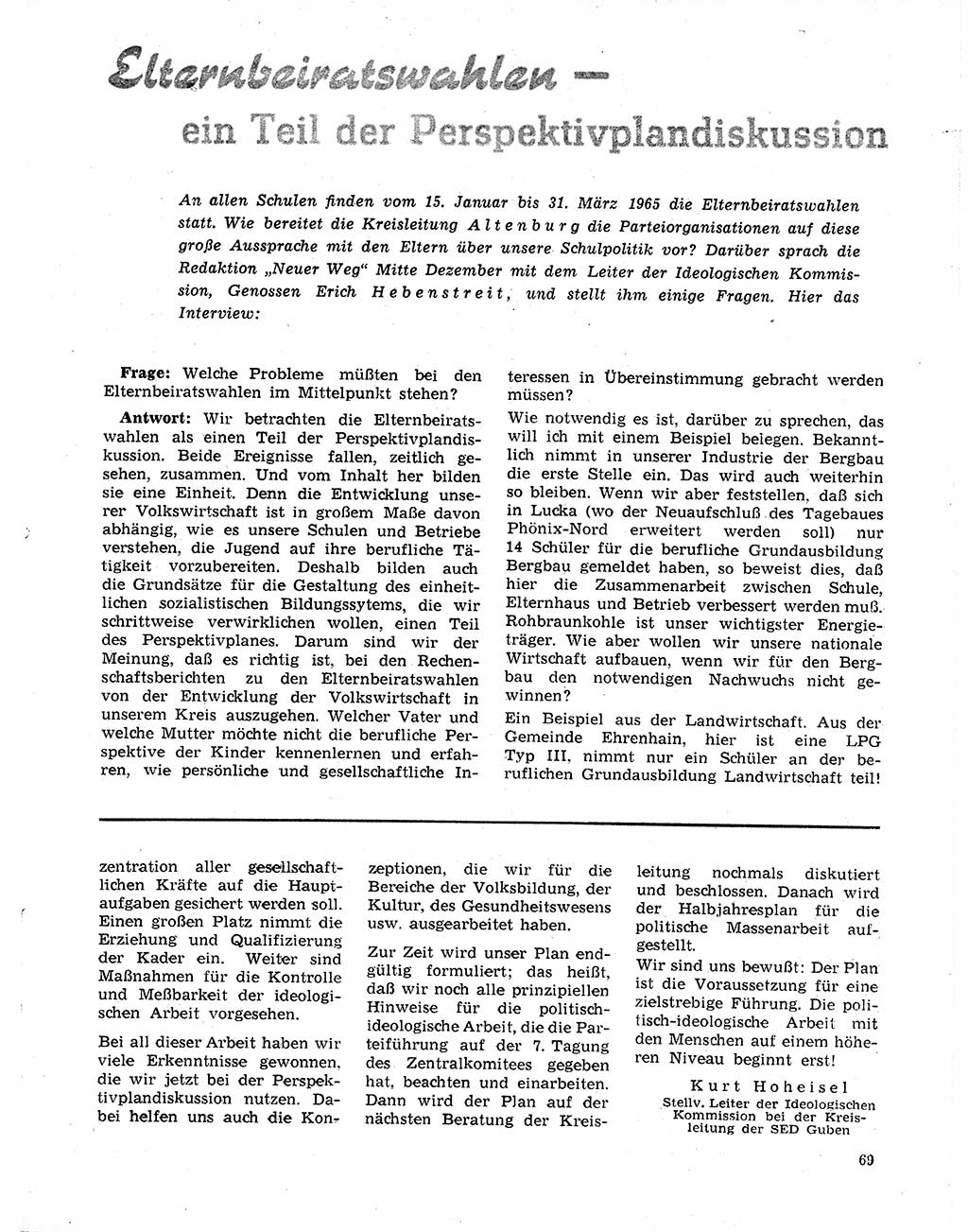 Neuer Weg (NW), Organ des Zentralkomitees (ZK) der SED (Sozialistische Einheitspartei Deutschlands) für Fragen des Parteilebens, 20. Jahrgang [Deutsche Demokratische Republik (DDR)] 1965, Seite 69 (NW ZK SED DDR 1965, S. 69)