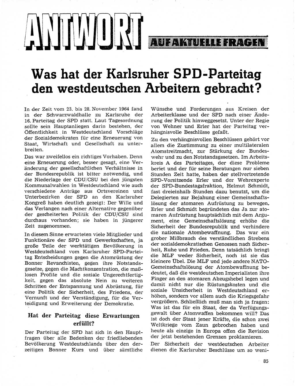 Neuer Weg (NW), Organ des Zentralkomitees (ZK) der SED (Sozialistische Einheitspartei Deutschlands) für Fragen des Parteilebens, 20. Jahrgang [Deutsche Demokratische Republik (DDR)] 1965, Seite 85 (NW ZK SED DDR 1965, S. 85)