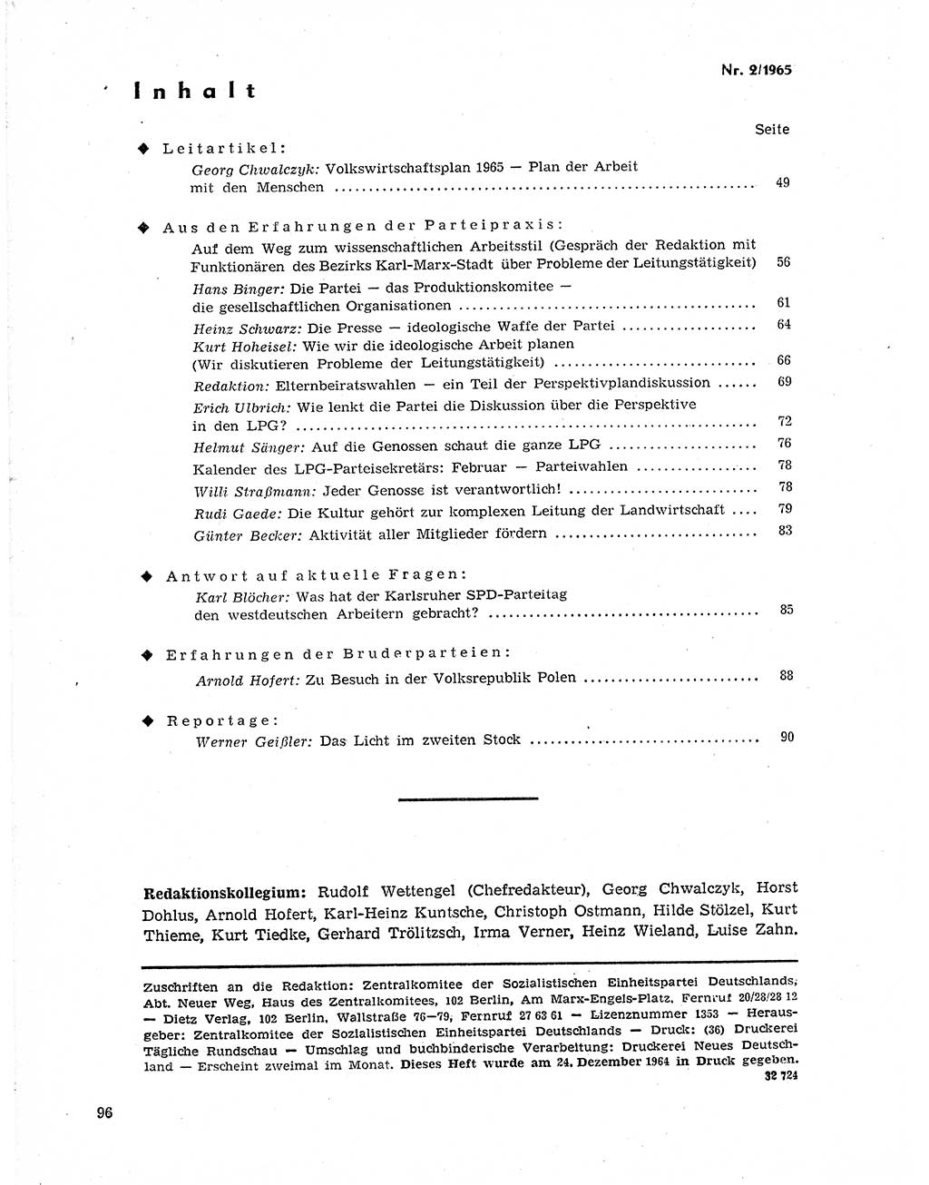 Neuer Weg (NW), Organ des Zentralkomitees (ZK) der SED (Sozialistische Einheitspartei Deutschlands) für Fragen des Parteilebens, 20. Jahrgang [Deutsche Demokratische Republik (DDR)] 1965, Seite 96 (NW ZK SED DDR 1965, S. 96)