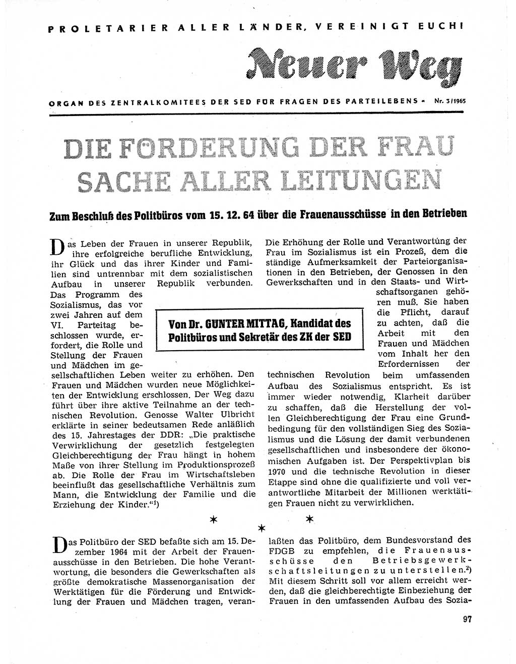 Neuer Weg (NW), Organ des Zentralkomitees (ZK) der SED (Sozialistische Einheitspartei Deutschlands) für Fragen des Parteilebens, 20. Jahrgang [Deutsche Demokratische Republik (DDR)] 1965, Seite 97 (NW ZK SED DDR 1965, S. 97)