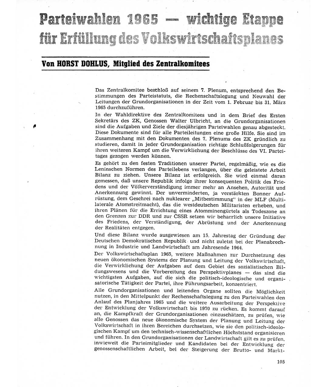 Neuer Weg (NW), Organ des Zentralkomitees (ZK) der SED (Sozialistische Einheitspartei Deutschlands) für Fragen des Parteilebens, 20. Jahrgang [Deutsche Demokratische Republik (DDR)] 1965, Seite 105 (NW ZK SED DDR 1965, S. 105)
