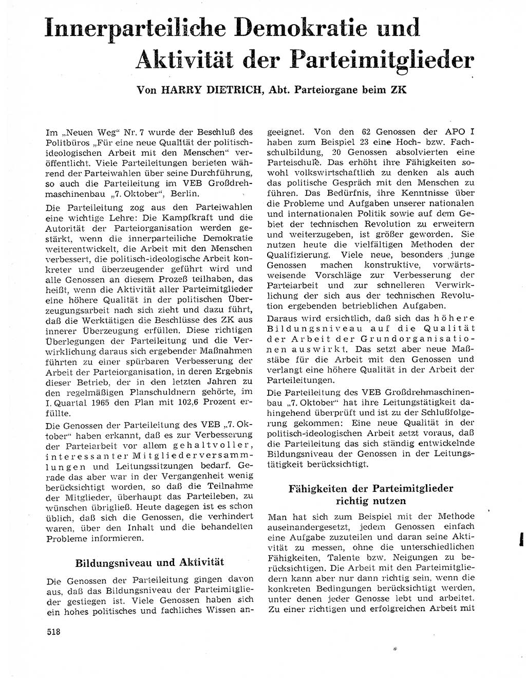 Neuer Weg (NW), Organ des Zentralkomitees (ZK) der SED (Sozialistische Einheitspartei Deutschlands) für Fragen des Parteilebens, 20. Jahrgang [Deutsche Demokratische Republik (DDR)] 1965, Seite 502 (NW ZK SED DDR 1965, S. 502)
