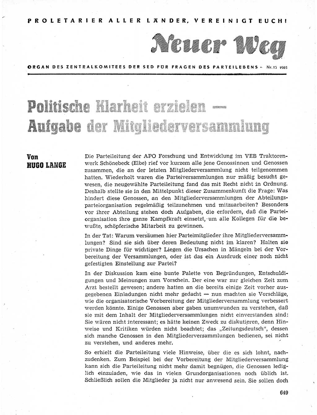 Neuer Weg (NW), Organ des Zentralkomitees (ZK) der SED (Sozialistische Einheitspartei Deutschlands) für Fragen des Parteilebens, 20. Jahrgang [Deutsche Demokratische Republik (DDR)] 1965, Seite 633 (NW ZK SED DDR 1965, S. 633)